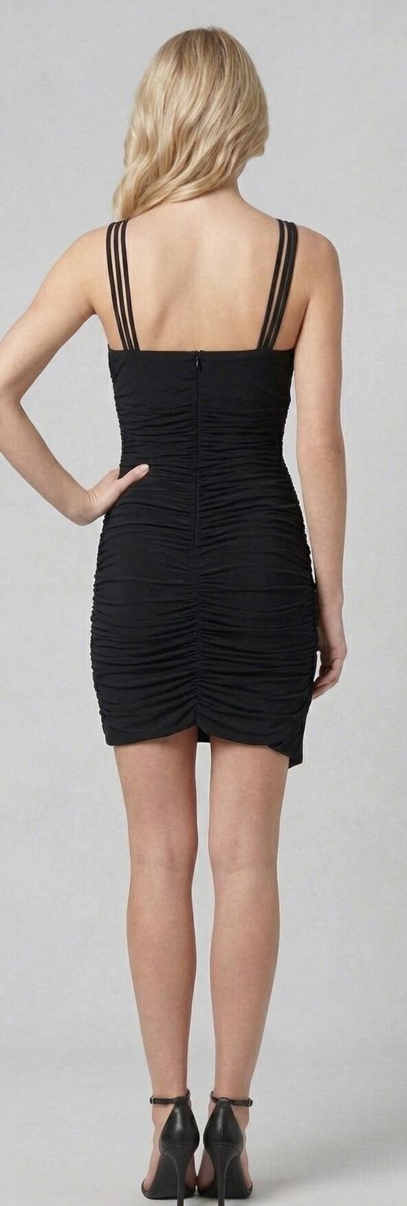 1073 Tubino nero in jersey elastico con cuciture arricciate e lacci ad incrocio 