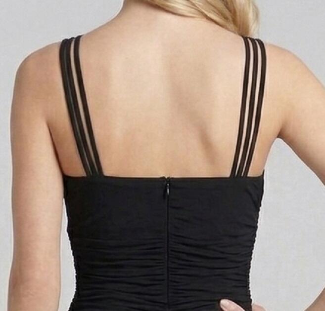 1073 Tubino nero in jersey elastico con cuciture arricciate e lacci ad incrocio 