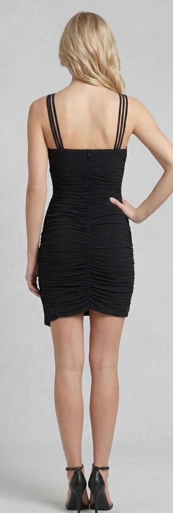 1073 Tubino nero in jersey elastico con cuciture arricciate e lacci ad incrocio 