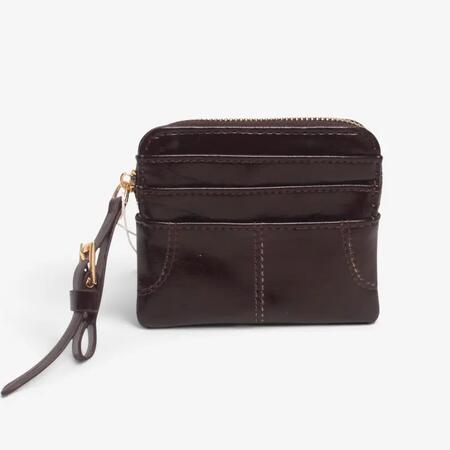 Portamonete verniciato, multi tasche per carte e tasca con zip CIOCCOLATO