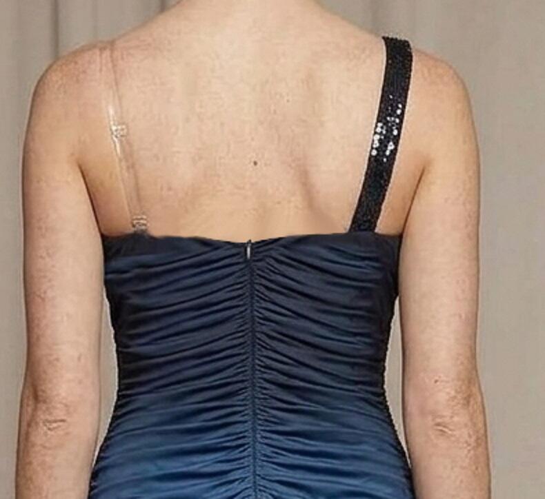 1075 Tubino blu sfumato in jersey elastico con cuciture arricciate 