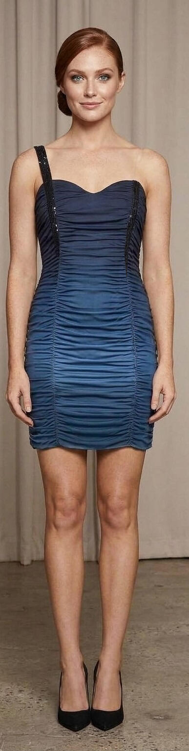 1075 Tubino blu sfumato in jersey elastico con cuciture arricciate 