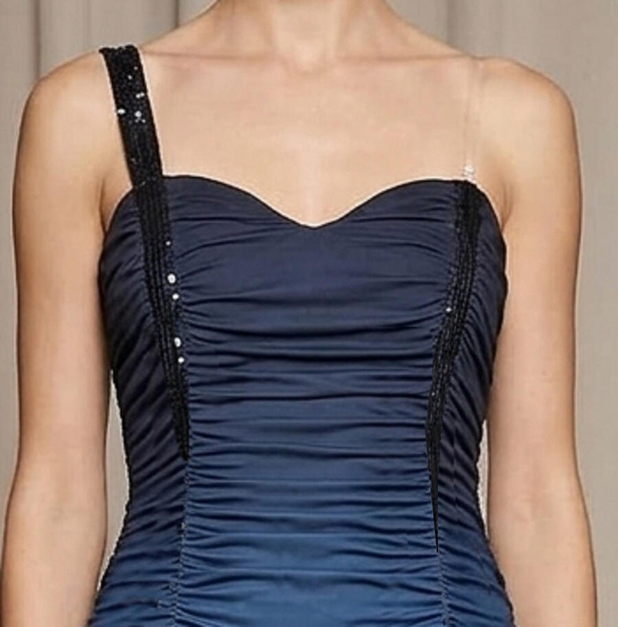 1075 Tubino blu sfumato in jersey elastico con cuciture arricciate 
