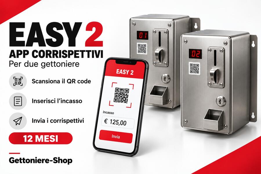 App corrispettivi EASY 2 per due gettoniere – Abbonamento 12 mesi