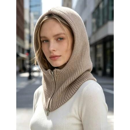 Cappuccio in maglia con zip TORTORA