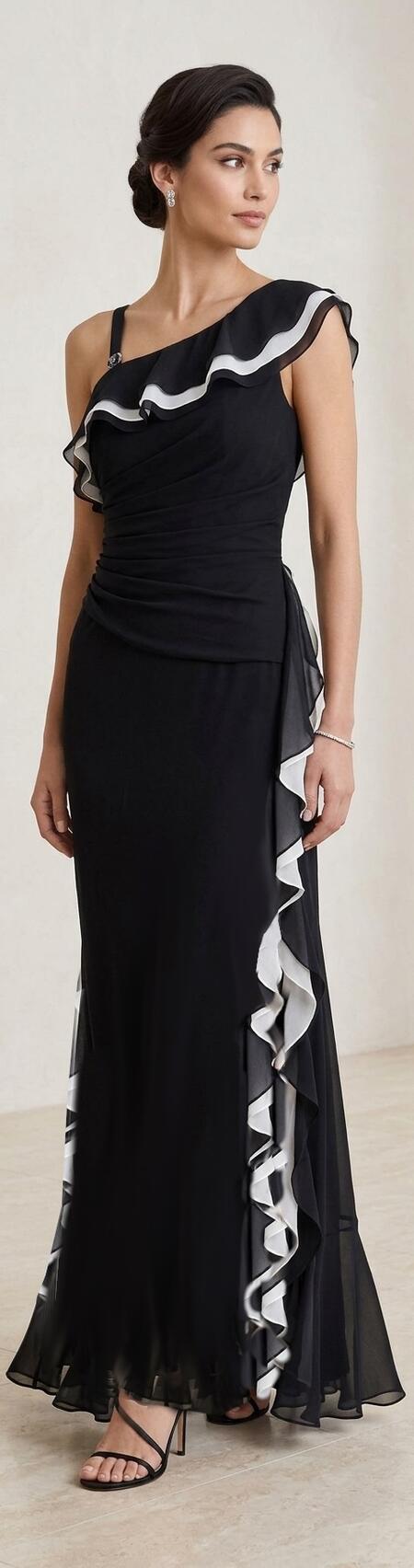1076 Abito lungo in chiffon foderato nero con volant laterali bianchi doppiati
