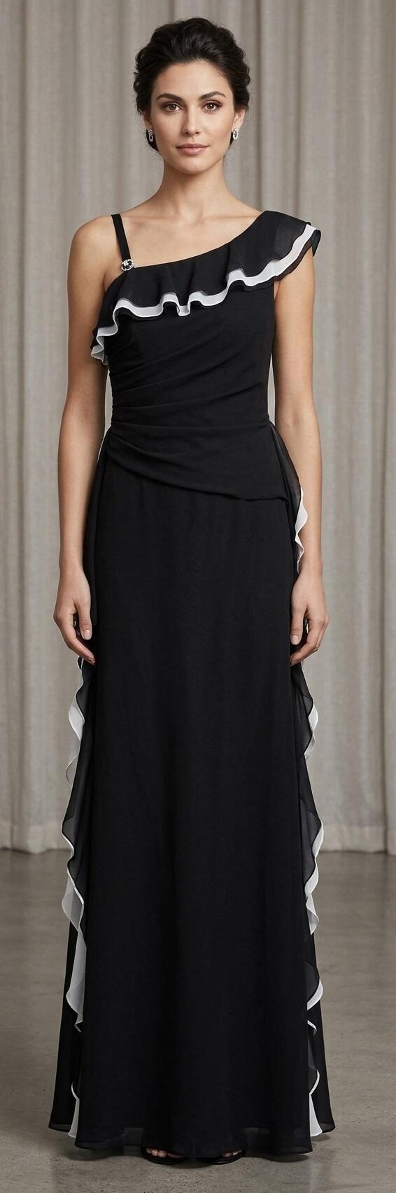 1076 Abito lungo in chiffon foderato nero con volant laterali bianchi doppiati