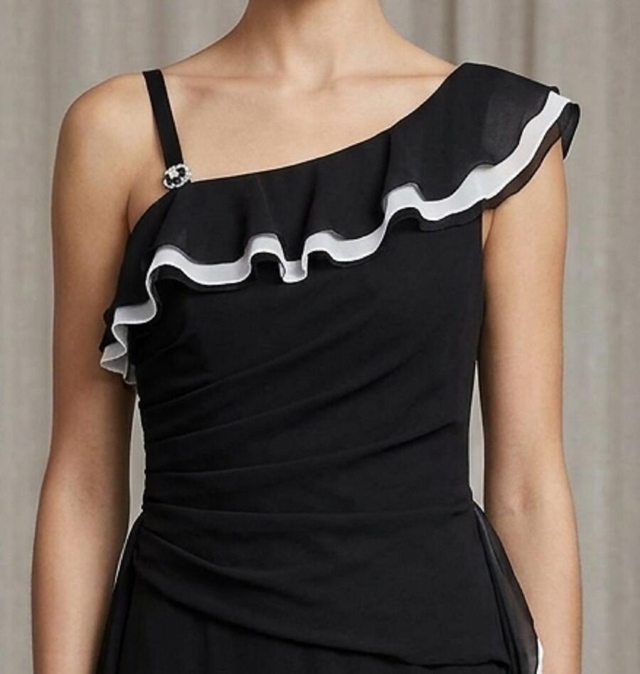 1076 Abito lungo in chiffon foderato nero con volant laterali bianchi doppiati
