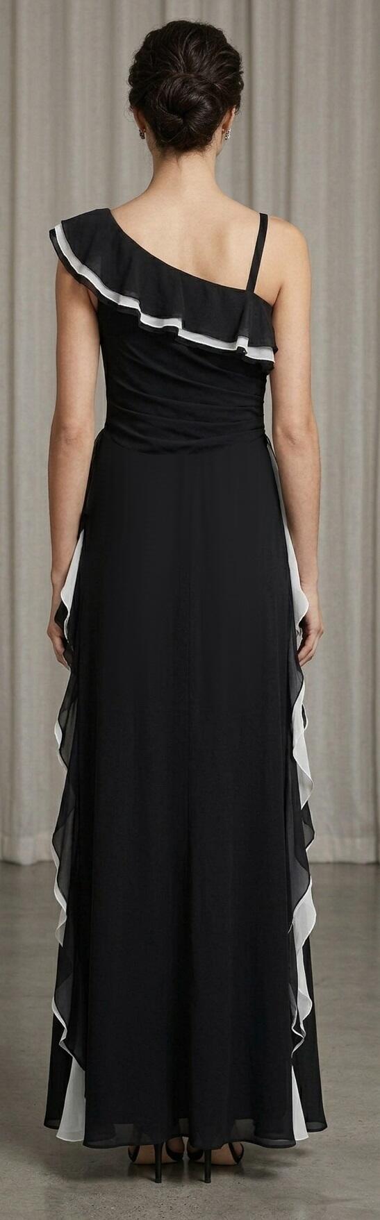 1076 Abito lungo in chiffon foderato nero con volant laterali bianchi doppiati