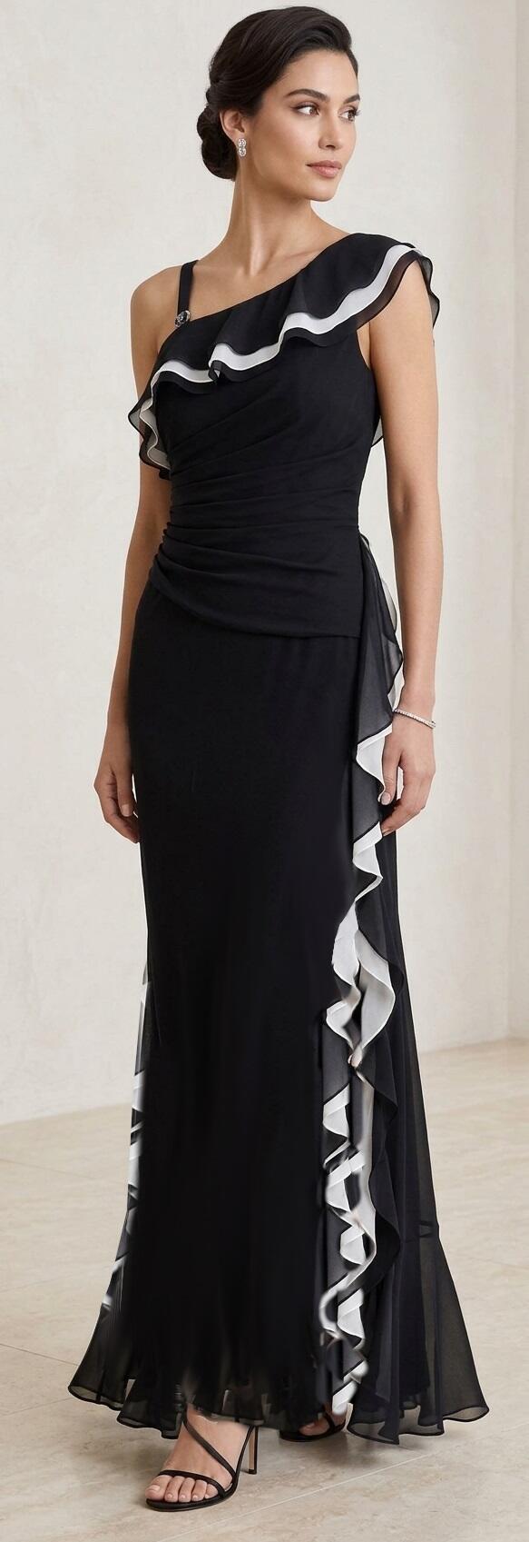 1076 Abito lungo in chiffon foderato nero con volant laterali bianchi doppiati