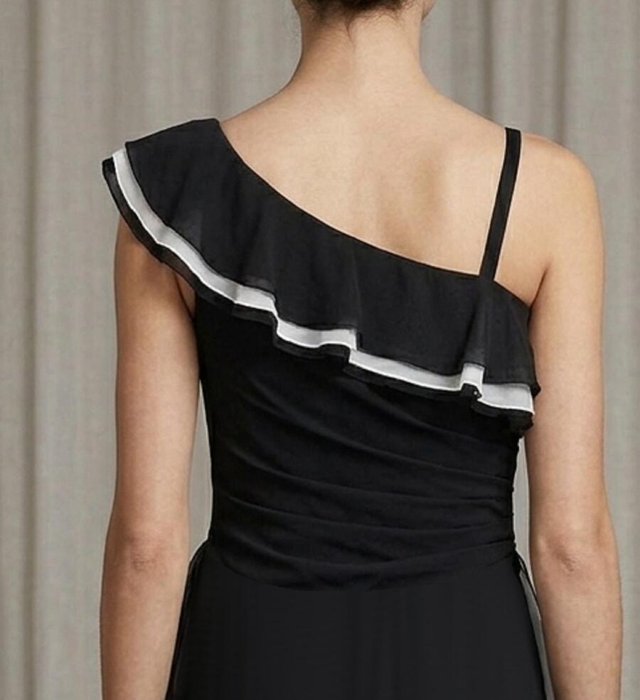 1076 Abito lungo in chiffon foderato nero con volant laterali bianchi doppiati