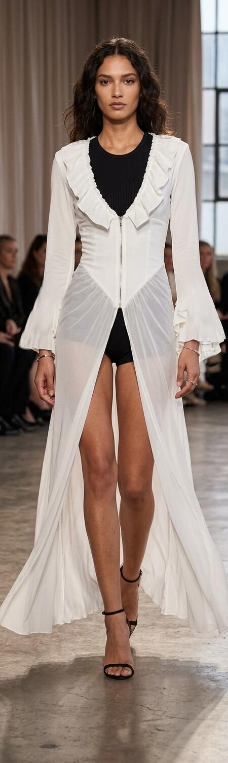 1077 Spolverino lungo bianco latte in lycra e tulle trasparente con maniche a pipistrello 