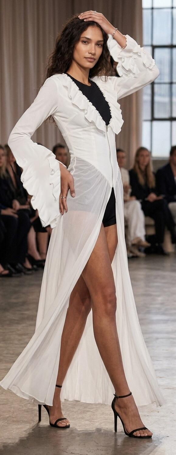 1077 Spolverino lungo bianco latte in lycra e tulle trasparente con maniche a pipistrello 