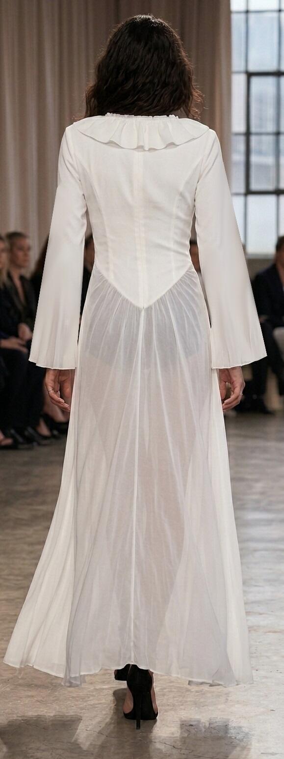 1077 Spolverino lungo bianco latte in lycra e tulle trasparente con maniche a pipistrello 