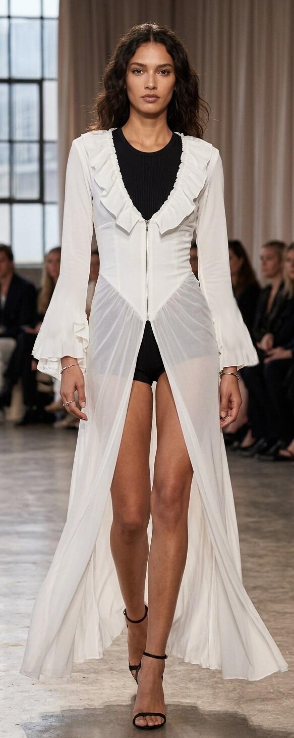 1077 Spolverino lungo bianco latte in lycra e tulle trasparente con maniche a pipistrello 