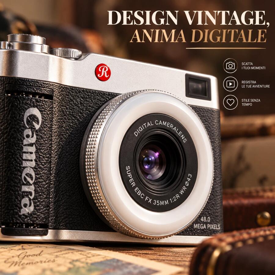 Fotocamera Digitale Vintage 48MP – Compatta Retrò Ideale per Viaggi