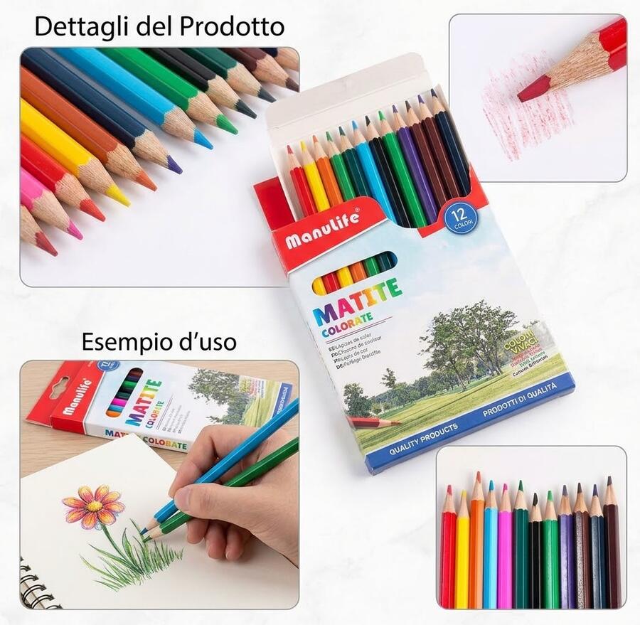 Set di 12 Pastelli Matite Colorate Legno Alta Qualità per Scuola Ufficio Arte