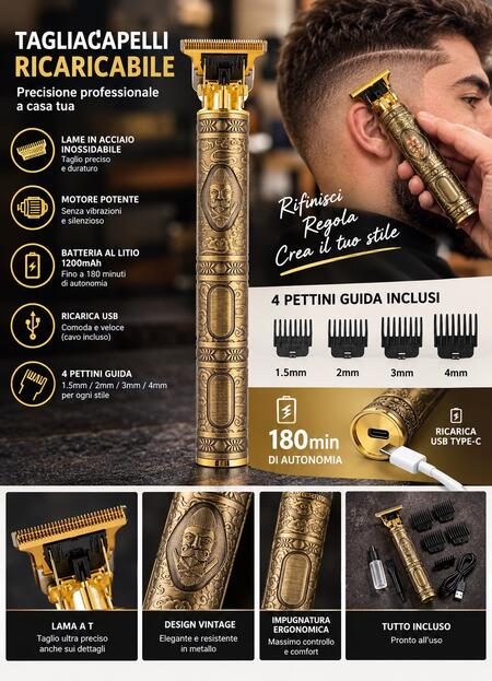 Tagliacapelli e Rifinitore Barba Elettrico Vintage Ricaricabile USB con 4 Pettini