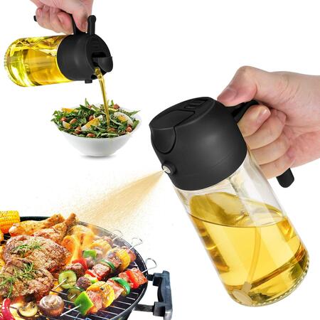Spruzzatore per olio da cucina a doppio uso due in uno, spruzza e versa, flacone di vetro da 470 ml, per friggere e grigliare