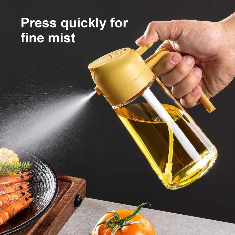 Spruzzatore per olio da cucina a doppio uso due in uno, spruzza e versa, flacone di vetro da 470 ml, per friggere e grigliare