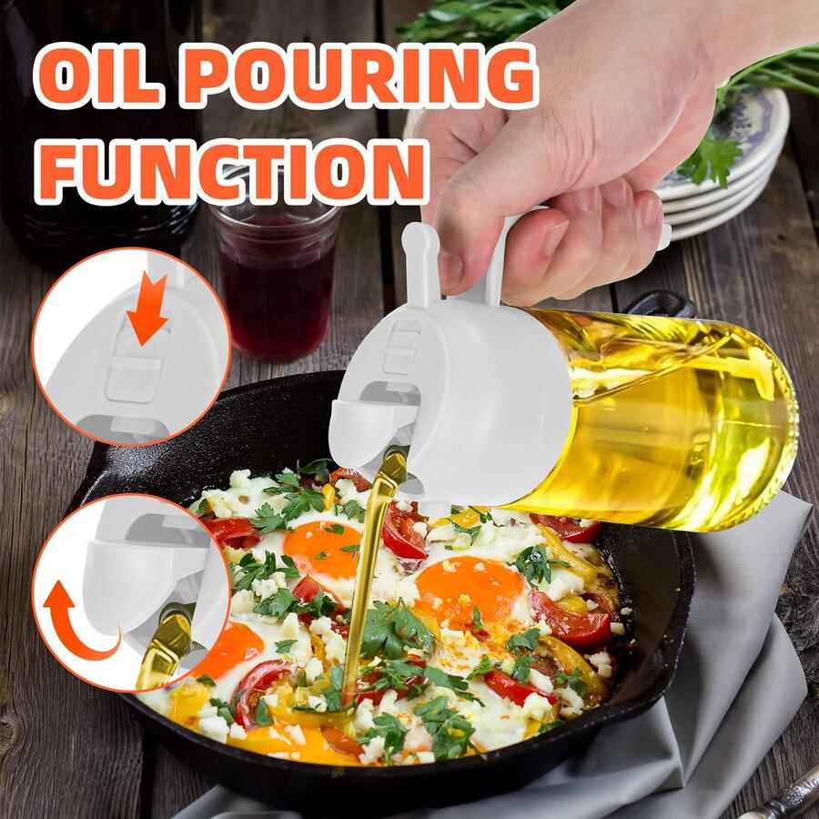 Spruzzatore per olio da cucina a doppio uso due in uno, spruzza e versa, flacone di vetro da 470 ml, per friggere e grigliare