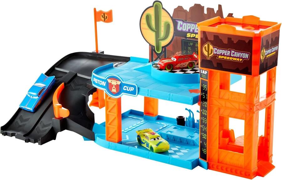 CARS - Garage Fluo di Cooper Canyon, playset Glow Racers a 2 piani con 3 auto luminose incluse, officina e ascensore funzionante, si illimuna al buio, giocattolo per bambini, 4+ anni