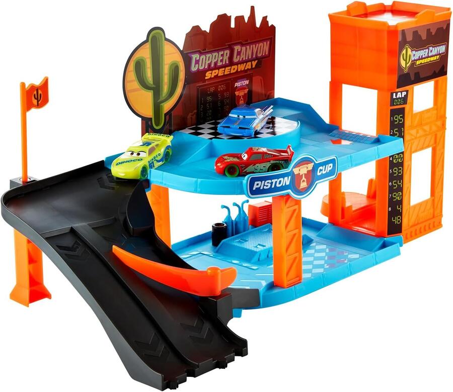 CARS - Garage Fluo di Cooper Canyon, playset Glow Racers a 2 piani con 3 auto luminose incluse, officina e ascensore funzionante, si illimuna al buio, giocattolo per bambini, 4+ anni