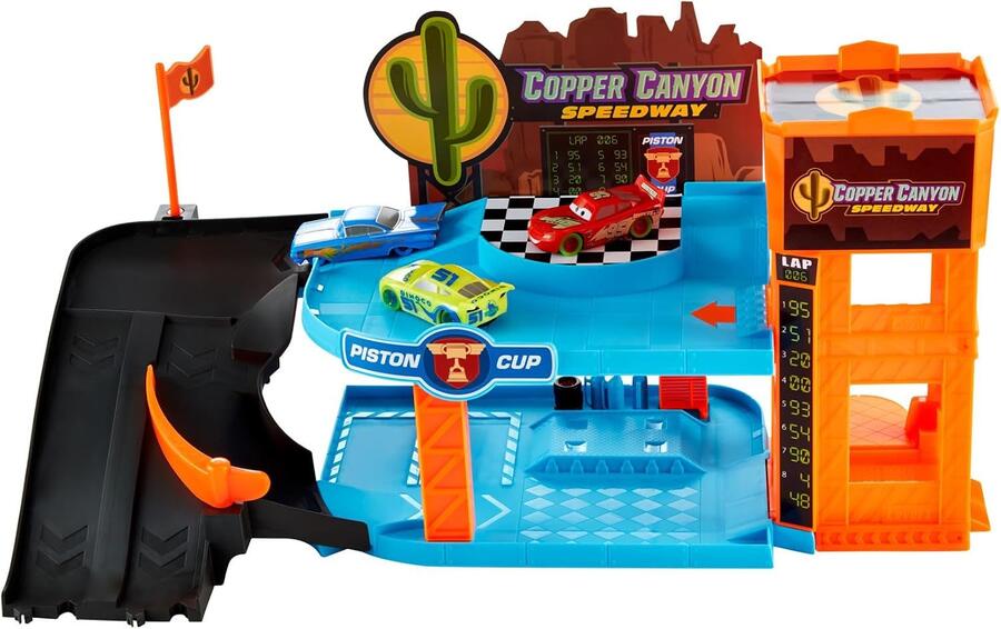 CARS - Garage Fluo di Cooper Canyon, playset Glow Racers a 2 piani con 3 auto luminose incluse, officina e ascensore funzionante, si illimuna al buio, giocattolo per bambini, 4+ anni