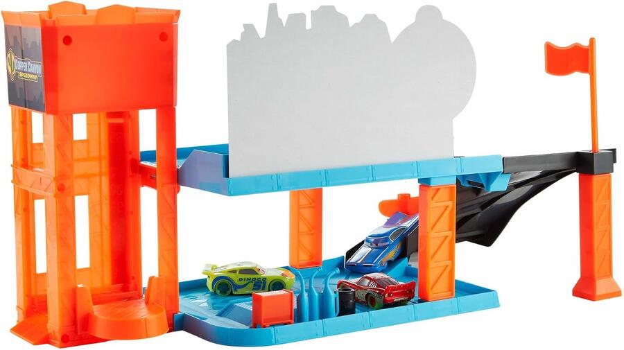 CARS - Garage Fluo di Cooper Canyon, playset Glow Racers a 2 piani con 3 auto luminose incluse, officina e ascensore funzionante, si illimuna al buio, giocattolo per bambini, 4+ anni