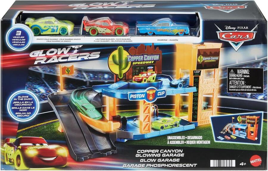 CARS - Garage Fluo di Cooper Canyon, playset Glow Racers a 2 piani con 3 auto luminose incluse, officina e ascensore funzionante, si illimuna al buio, giocattolo per bambini, 4+ anni