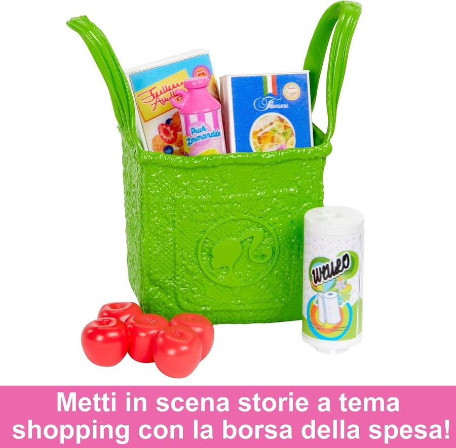 Barbie - Dispensa dei Sogni, playset estensione della cucina di Barbie con bambola inclusa e 25+ accessori, mobili per casa delle bambole e adesivi a tema cibo, giocattolo per bambini, 3+ anni