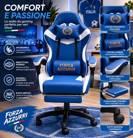 Sedia Gaming Centenario Ergonomica Azzurri Napoli Scrivania con Poggiapiedi Estraibile 