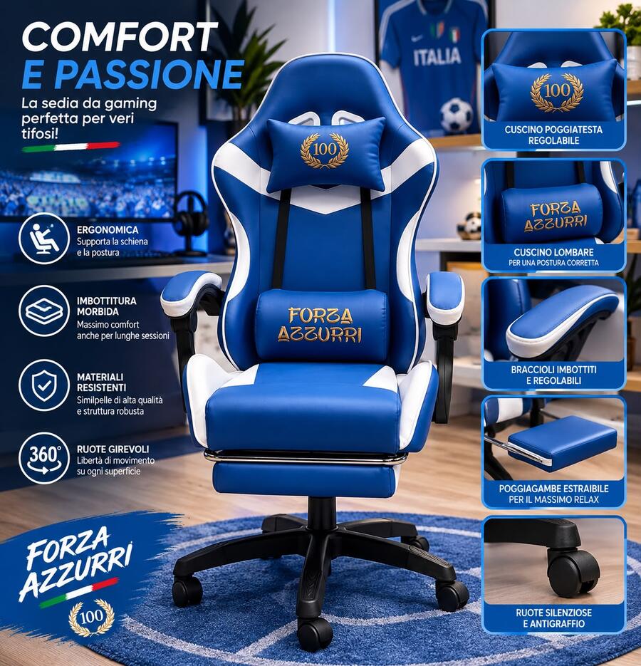 Sedia Gaming Centenario Ergonomica Azzurri Napoli Scrivania con Poggiapiedi Estraibile 