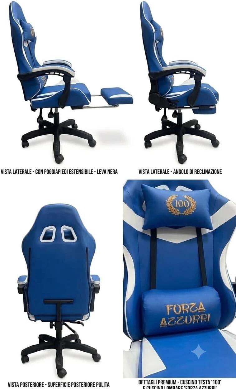 Sedia Gaming Centenario Ergonomica Azzurri Napoli Scrivania con Poggiapiedi Estraibile 