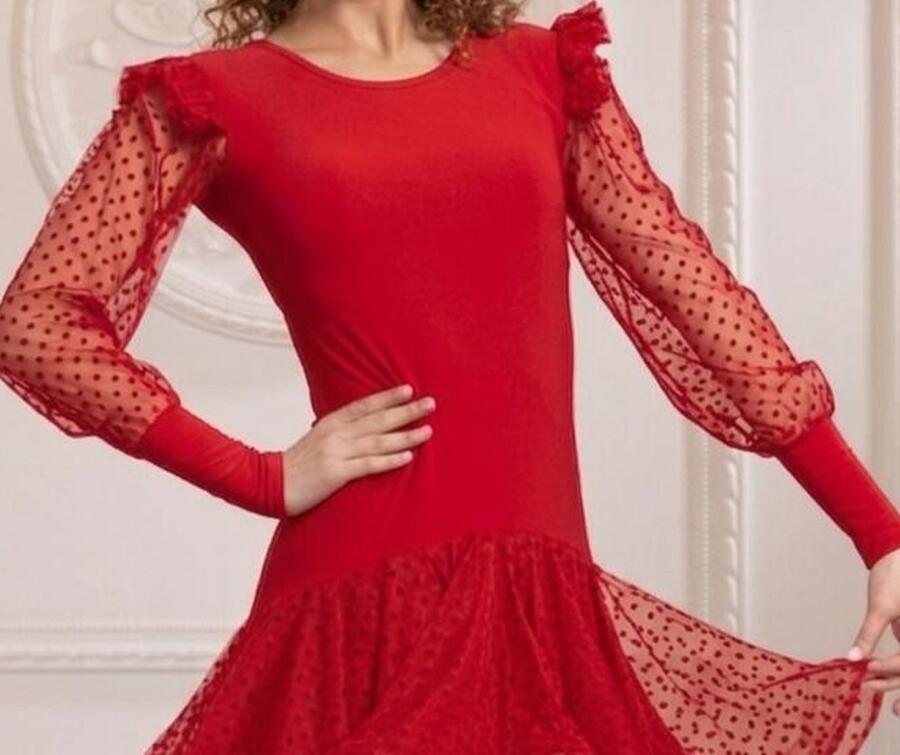 Short front and longer back ball gown with sleeves and polka dot embroidered tulle skirt U654R