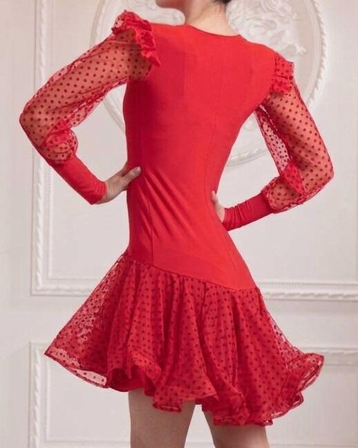 Short front and longer back ball gown with sleeves and polka dot embroidered tulle skirt U654R