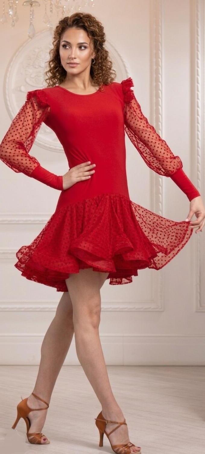 Short front and longer back ball gown with sleeves and polka dot embroidered tulle skirt U654R