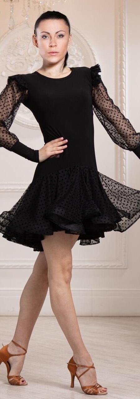Short front and longer back ball gown with sleeves and polka dot embroidered tulle skirt U654