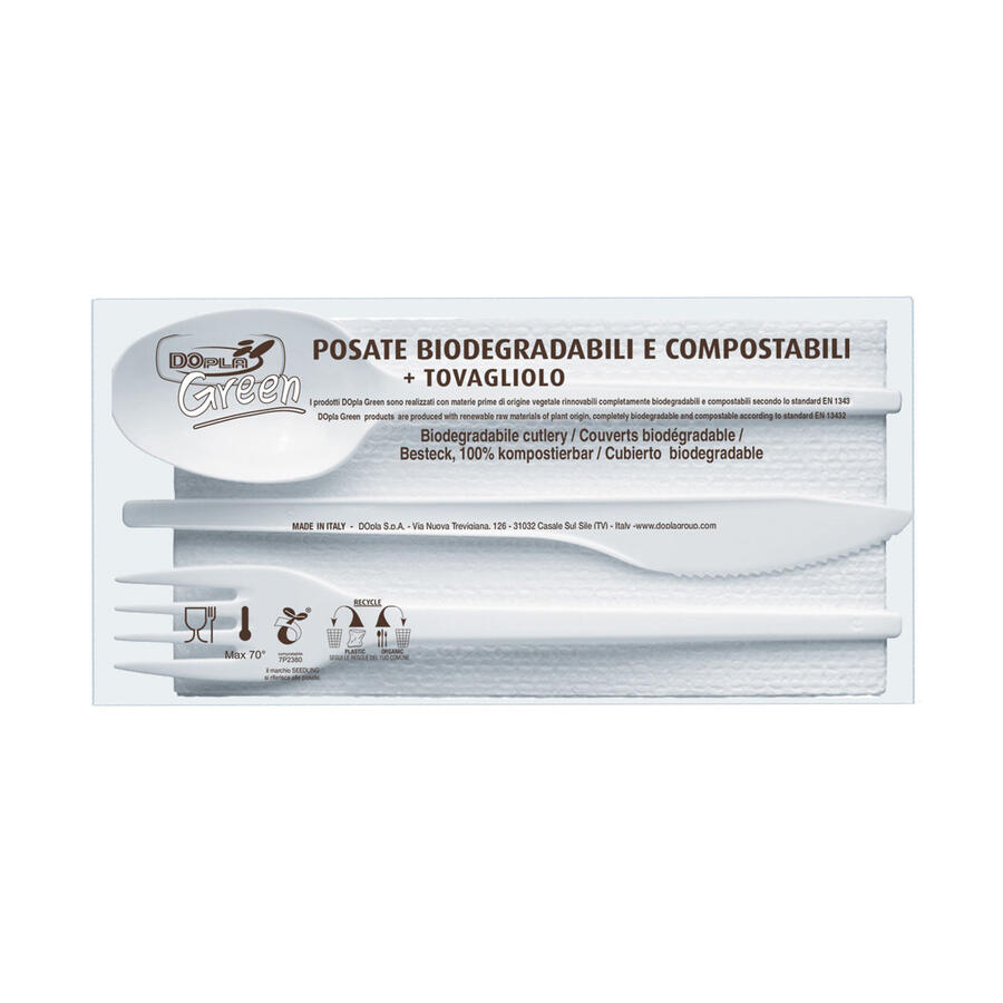 SET Posate Biodegradabili in Estabio + Tovagliolo 2 Veli linea Green DOPLA - conf. 100 pz