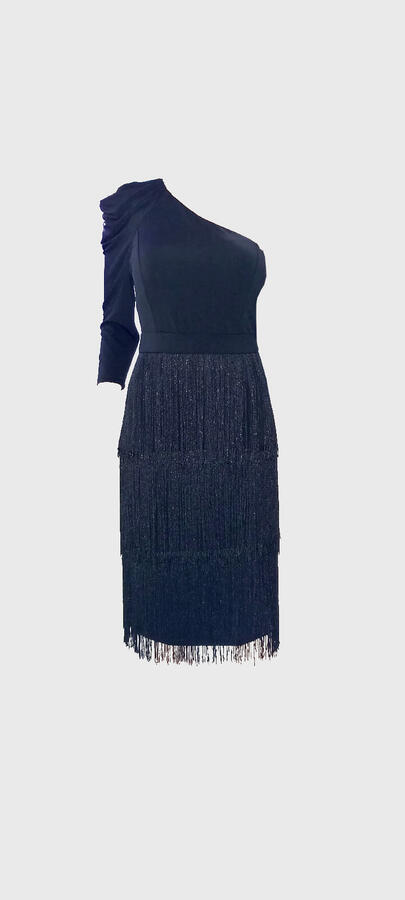 4-0152 SINGLE SLEEVED DRESS WITH 3 ROWS OF FRINGES