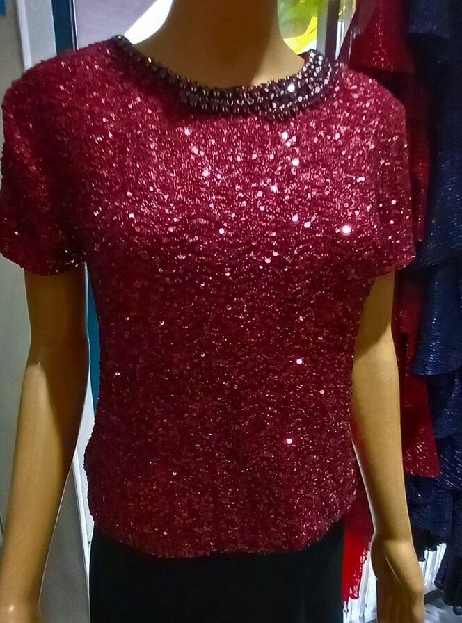 Stretch sequin sweater lined with rhinestone crew neck 6-0050