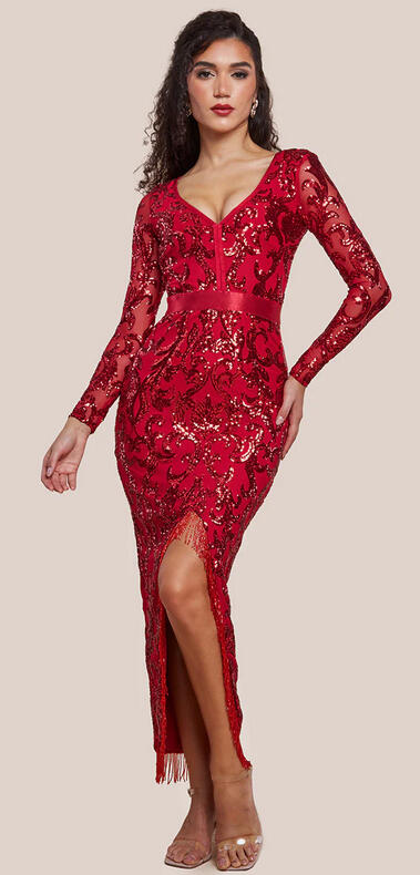 0876 Seven/eighths dress embroidered with lined sequins