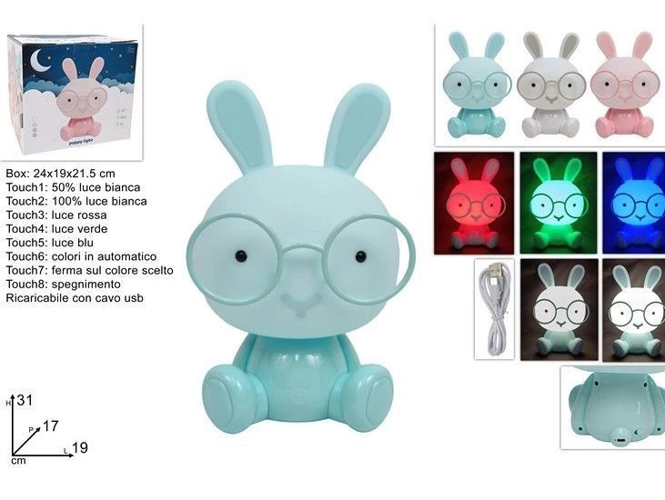 Lampada Notte LED Coniglio 31cm Multicolore Touch USB Ricaricabile