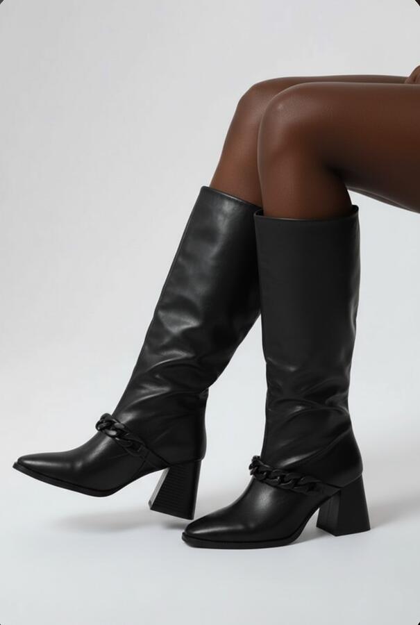 Stivale ecopelle tacco quadrato con catena disponobile nero e beige