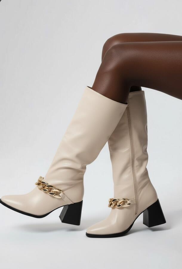 Stivale ecopelle tacco quadrato con catena disponobile nero e beige