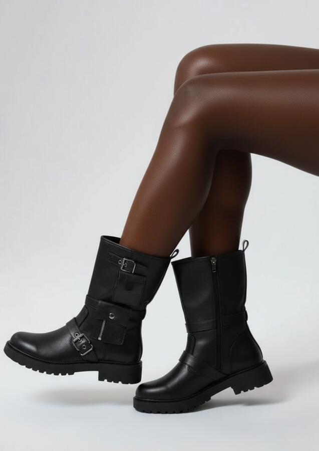 Anfibi ecopelle con fibbia e tascha laterale