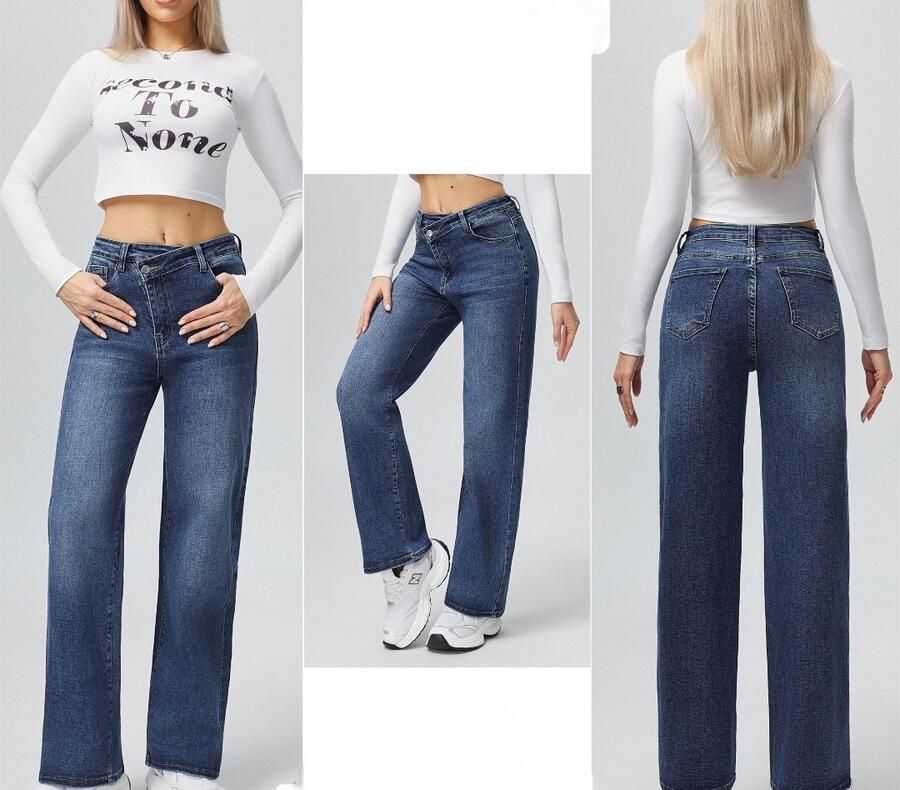 Jeans palazzo elasticizzato abbottonatura trasversale dalla taglia XS alla XXL