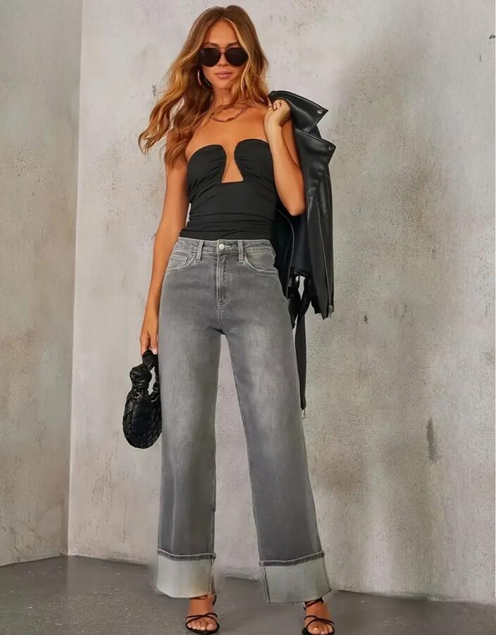 Jeans palazzo grigio con piegone taglie dalla S alla XXL.