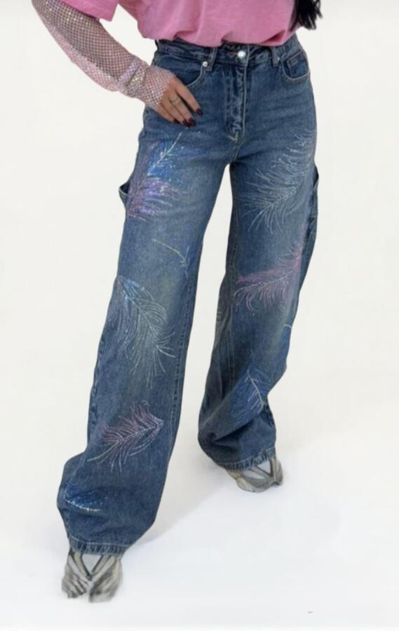 Jeans palazzo con strass colorati taglie dalla XS alla XL
