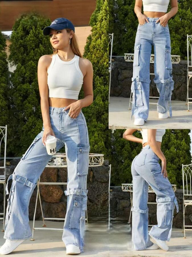 Jeans cargo palazzo con fibbie estraibili alle gambe taglie dalla S alla XL